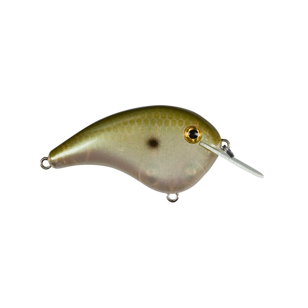 Meet the Strike King Chick Magnet Flatside Crankbaits: a flat-sided lure mimicking a fish shape with green and brown scales. Equipped with small metal loops on both ends and a clear plastic lip at the front, it promises optimal performance. Brought to you by Strike King.