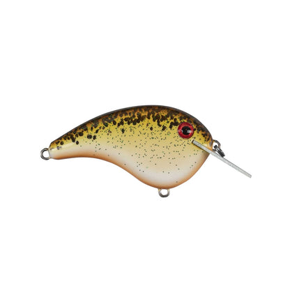 Introducing the Strike King Chick Magnet Flatside Crankbait, featuring a curved body with brown and black speckles on top, a cream underside, red eye detail, metal lip for diving, and attachment points at both ends to enhance your fishing experience.