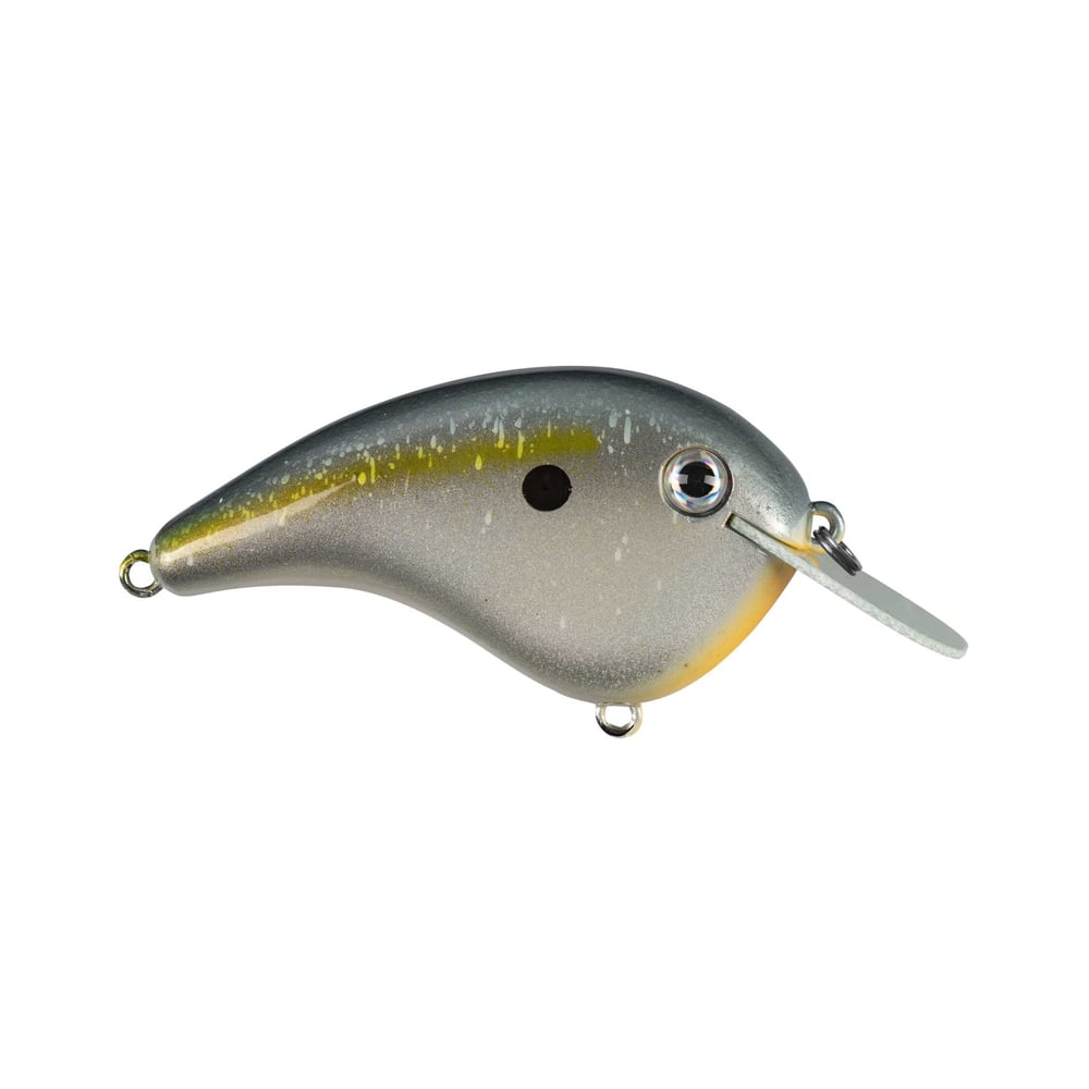 The Strike King Chick Magnet Flatside Crankbaits by Strike King is a silver and yellow fishing lure with a fish-like body, shiny reflective surface, black side spot, large eye, metal lip for diving action, and hooks attachment loops.
