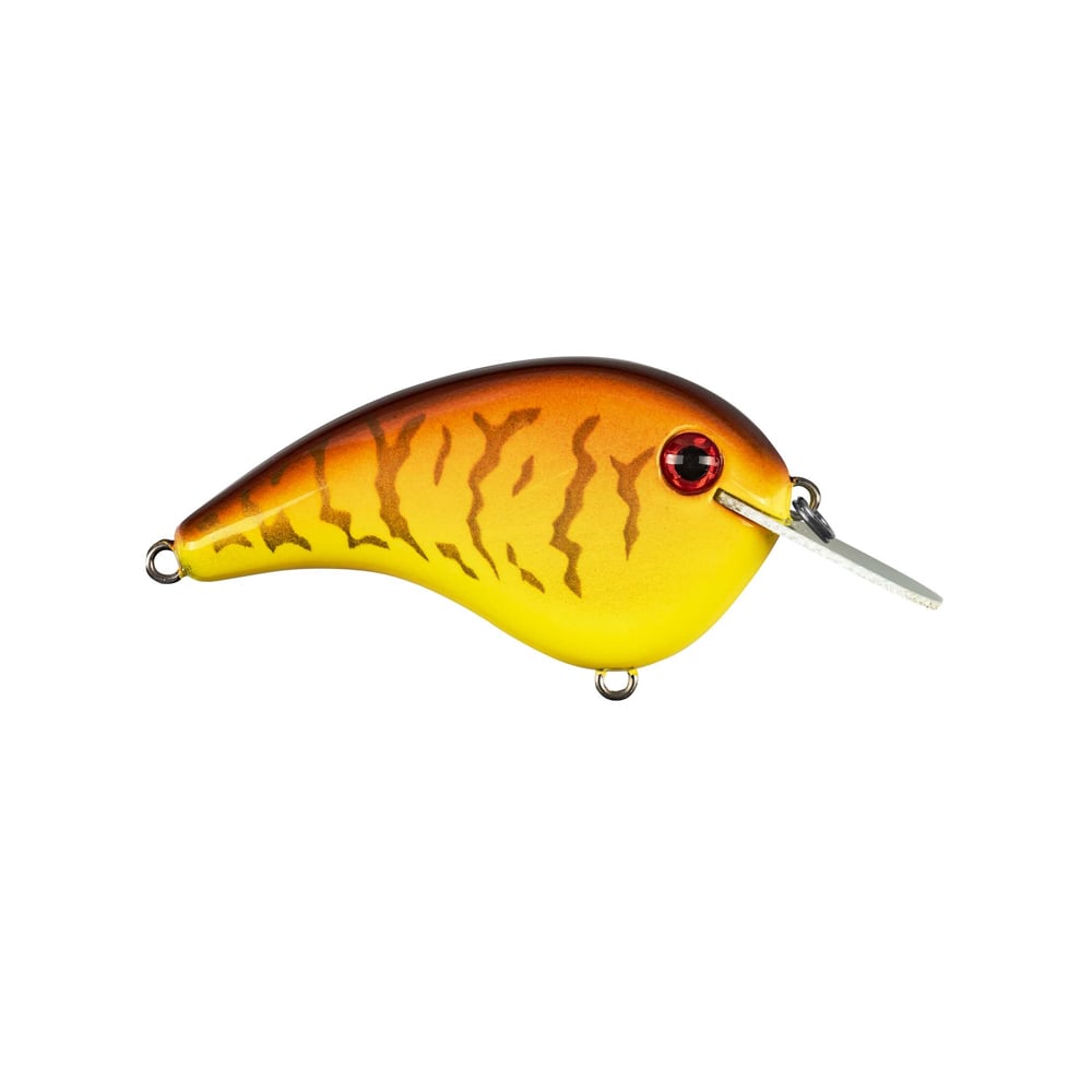 Introducing the Strike King Chick Magnet Flatside Crankbaits, featuring a vibrant orange-to-yellow gradient with brown stripes, a realistic red eye, and a metal lip for exceptional diving action, making it perfect for luring in your next big catch.