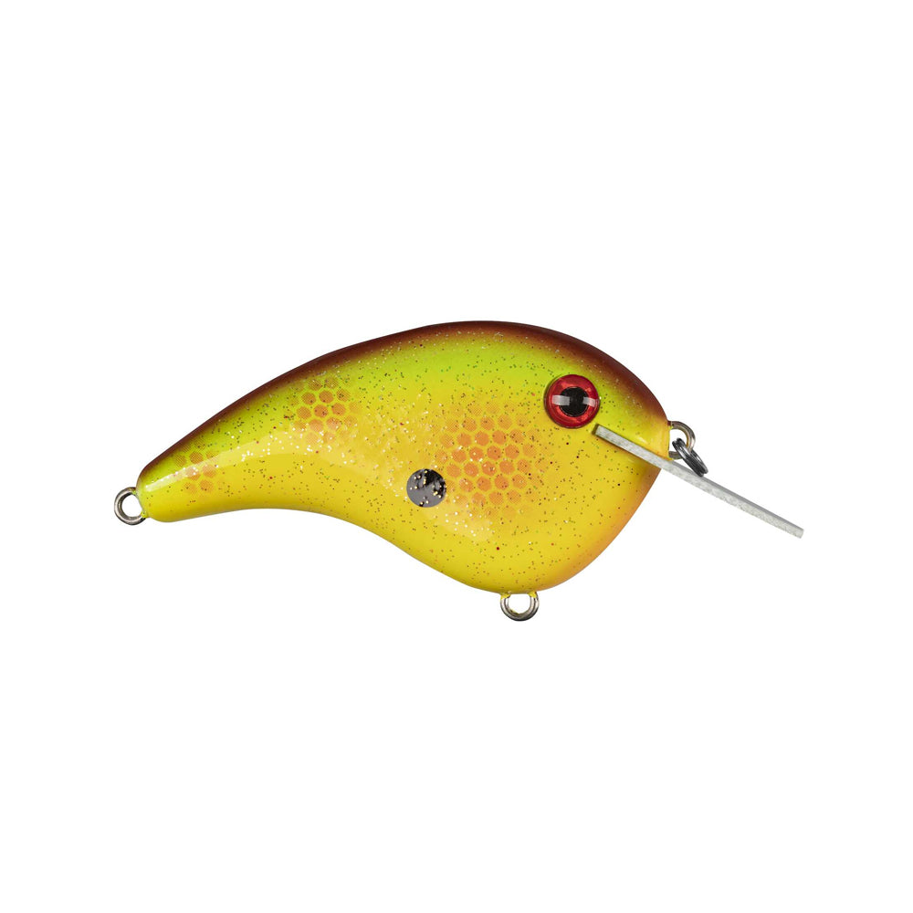 The Strike King Chick Magnet Flatside Crankbait, shaped like a fish, showcases a yellow-to-brown gradient and red eye. It features a metal lip and reflective hook attachments with textured speckles, plus looped connectors on both ends and underside, making it the ideal flat-sided crankbait.