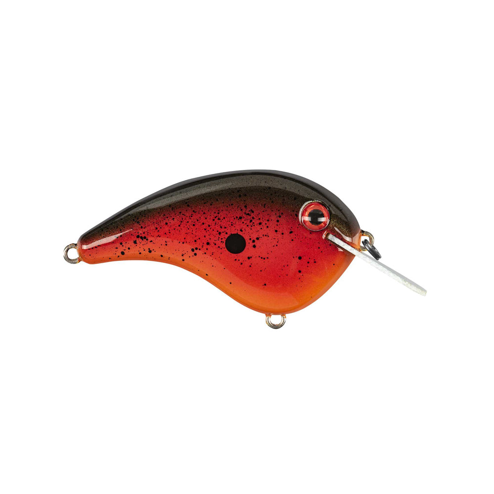The Strike King Chick Magnet Flatside Crankbait is a red-to-black gradient lure with black speckles and a shiny flat-sided, minnow-like shape. It features a white diving lip and the signature small black spot near the front.