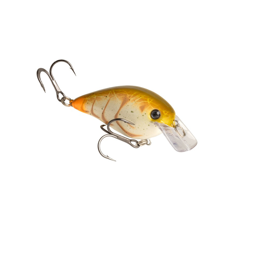 The Strike King KVD Squarebill Crankbait by Strike King is a yellow and orange lure with two treble hooks and a clear plastic lip, ideal for shallow water fishing, shown isolated on a white background.