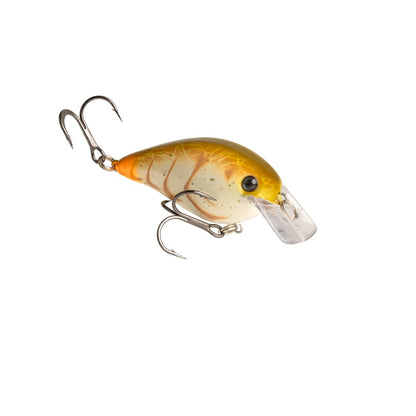 The Strike King KVD Squarebill Crankbait by Strike King is a yellow and orange lure with two treble hooks and a clear plastic lip, ideal for shallow water fishing, shown isolated on a white background.