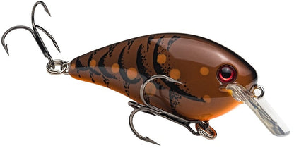 The Strike King KVD Squarebill Crankbait by Strike King features a brown and black pattern with orange spots, a red eye, clear plastic lip, and two treble hooks—ideal for shallow water fishing.