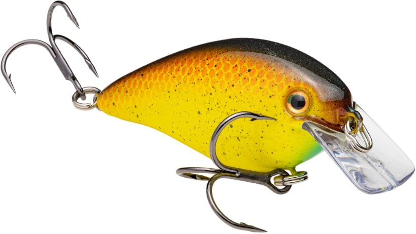 The Strike King KVD Squarebill Crankbait by Strike King is yellow and brown, fish-shaped with a textured surface, two treble hooks, and a clear plastic lip—perfect for shallow water fishing.