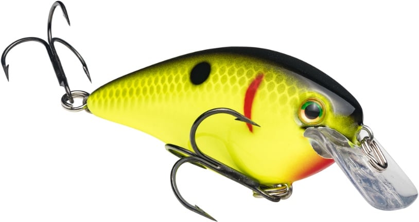 The Strike King KVD Squarebill Crankbait features a yellow-green body with black spots, a red eye accent, and three sharp treble hooks—perfect for shallow water fishing, as recommended by pro angler Kevin VanDam.