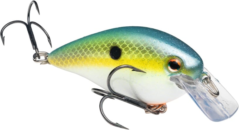 The Strike King KVD Squarebill Crankbait by Strike King is a colorful lure with a blue-green back, yellow sides, black spot, two treble hooks, and clear lip—ideal for shallow water fishing inspired by Kevin VanDam.