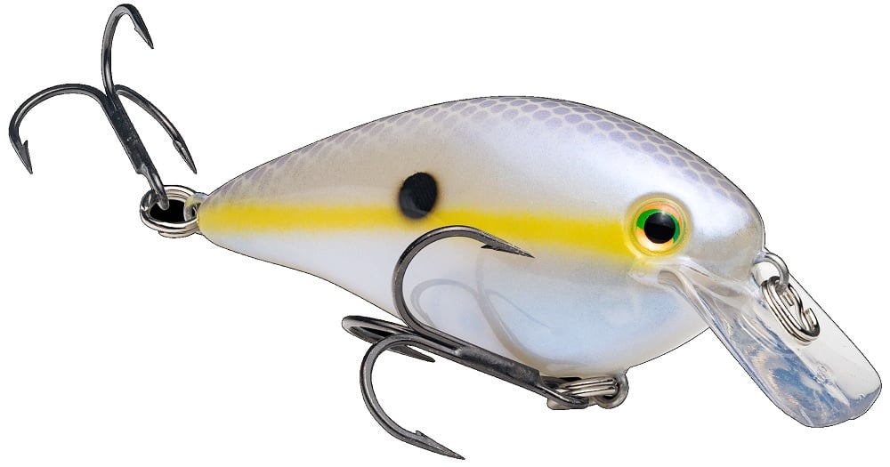 The Strike King KVD Squarebill Crankbait by Strike King is a plastic lure shaped like a small fish with a yellow stripe, black dot, green eye, two treble hooks, and a clear plastic lip for shallow water power fishing.