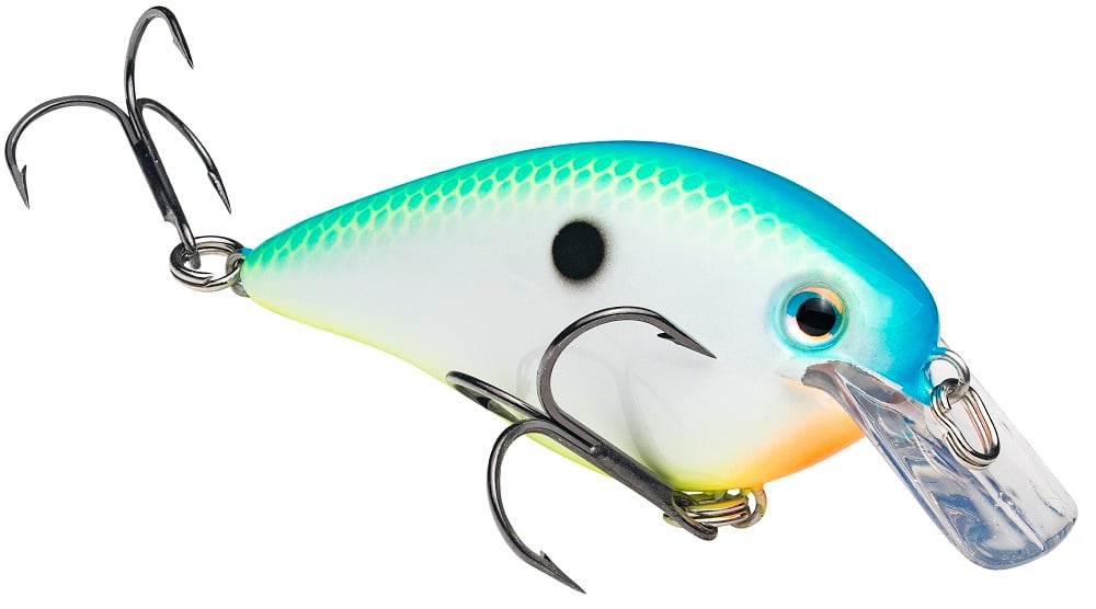The Strike King KVD Squarebill Crankbait by Strike King features a blue-green top, white body, black spot, orange accent, and three treble hooks—perfect for shallow water power fishing and mimics a small fish.