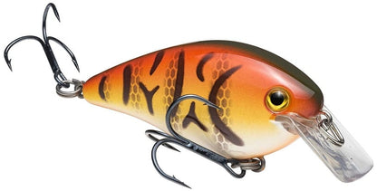 The Strike King KVD Squarebill Crankbait by Strike King features a fish-shaped design with an orange and yellow body, black stripes, realistic eye, two treble hooks, and a clear lip—ideal for shallow water power fishing.