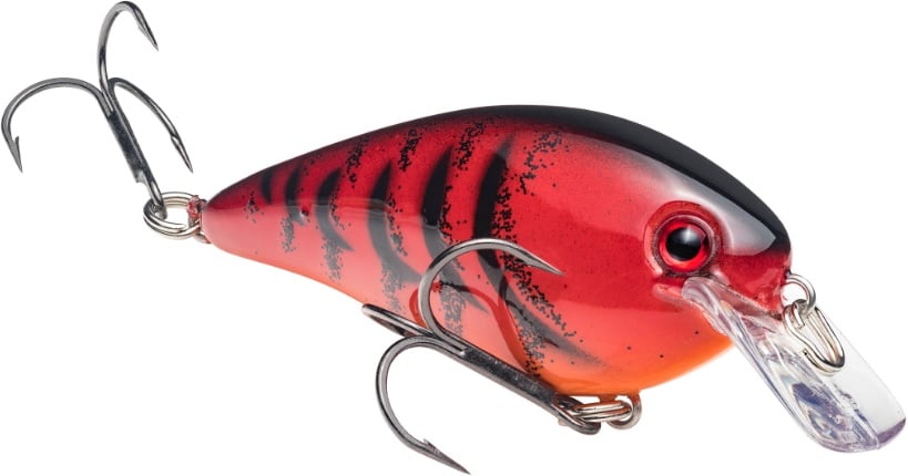 The Strike King KVD Squarebill Crankbait by Strike King is a red and black, fish-shaped lure with dark stripes, a large eye, two treble hooks, and a clear plastic lip—ideal for shallow water fishing.
