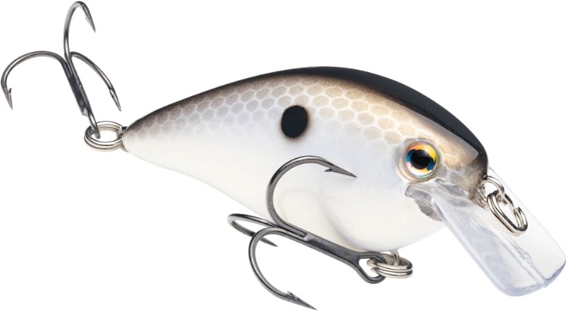 A close-up of the Strike King KVD Squarebill Crankbait by Strike King, designed like a small fish with a black back, silver scaled body, black eye dot, two treble hooks, and a clear lip—ideal for shallow water fishing.