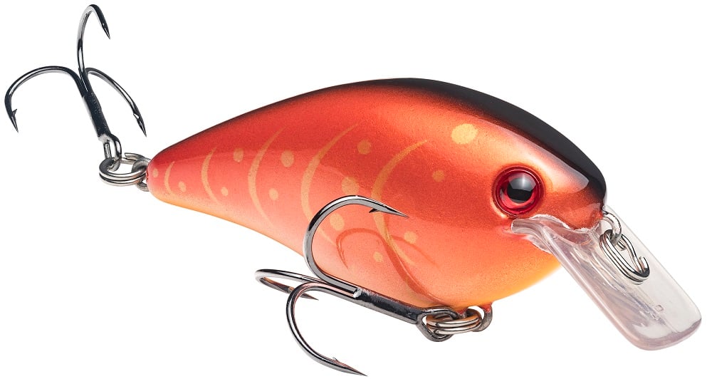The Strike King KVD Squarebill Crankbait by Strike King features a red and orange finish, two treble hooks, and a transparent plastic bill, making it ideal for shallow water power fishing with lifelike fish appearance.