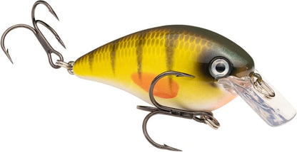 The Strike King KVD Squarebill Crankbait by Strike King features a yellow and green fish design with dark stripes, large eye, clear plastic lip, and two treble hooks—ideal for shallow water fishing.