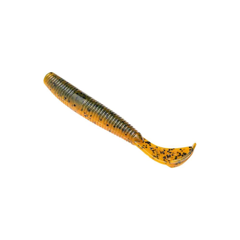 The Strike King Rage Ned Cut R Worm is a yellow-ribbed, soft plastic bait with black speckles and a curved tail, expertly crafted by Strike King to mimic baitfish.