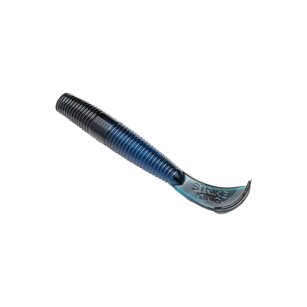The Strike King Rage Ned Cut R Worm is a segmented blue and black soft plastic bait featuring the "Strike King" emblem elegantly embossed on its curved tail, reminiscent of the Rage Tail lure's design.