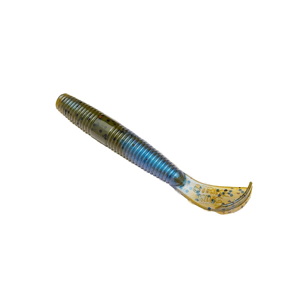 The Strike King Rage Ned Cut R Worm is a translucent, ribbed soft plastic lure with a curled tail, featuring shades of brown and blue speckled with black dots. This design captivates fish with its lifelike movement and contrasting colors.