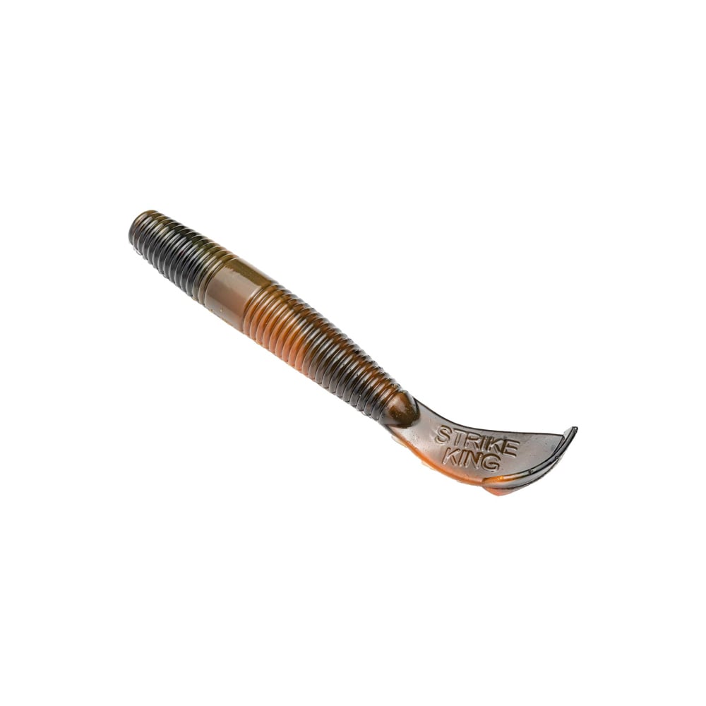 A close-up shows a ribbed, soft plastic bait in brown and black hues, shaped like a fish or grub. The Strike King brand appears on it, identifying it as part of their Rage Tail series, specifically the Rage Ned Cut R Worm.