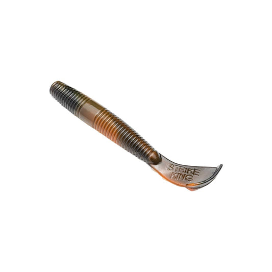 A close-up shows a ribbed, soft plastic bait in brown and black hues, shaped like a fish or grub. The Strike King brand appears on it, identifying it as part of their Rage Tail series, specifically the Rage Ned Cut R Worm.