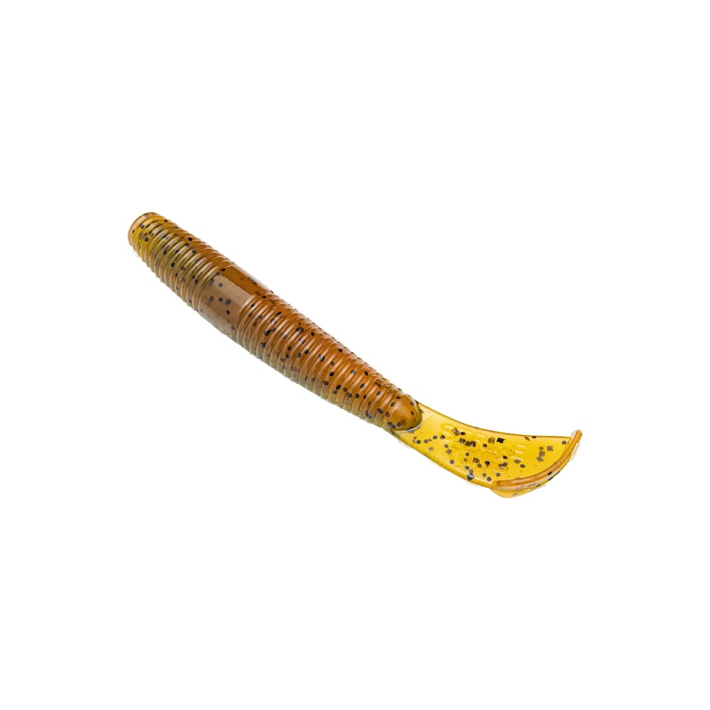 A ribbed, translucent orange Strike King Rage Ned Cut R Worm lure with black speckles and a flexible, paddle-shaped tail.