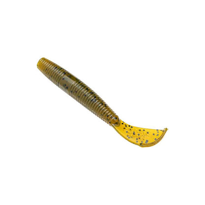 The Strike King Rage Ned Cut R Worm is a ribbed, transparent yellow soft plastic lure featuring black specks and a curved tail, crafted to replicate the look and motion of small fish or bait.
