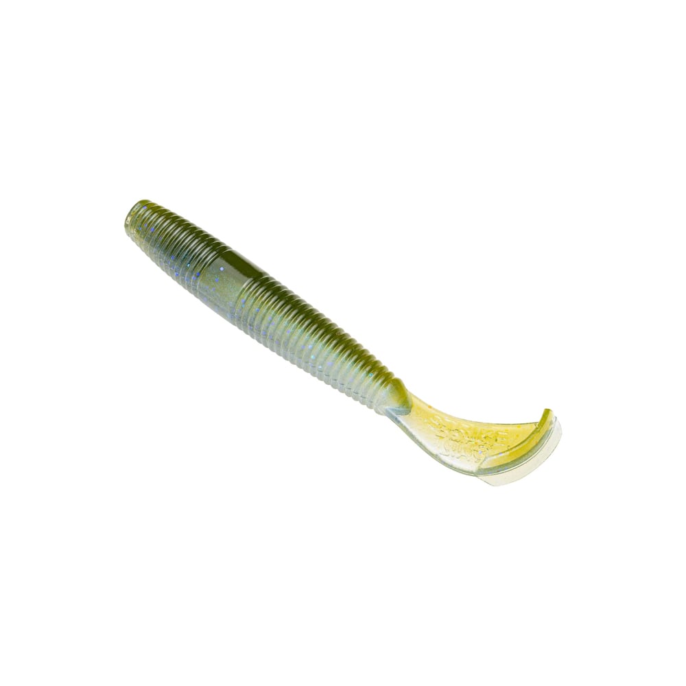 The Strike King Rage Ned Cut R Worm, a transparent green-tinted lure with a curved tail and ribbed texture, showcases its charm on a white background, making it a must-have for fishing enthusiasts.