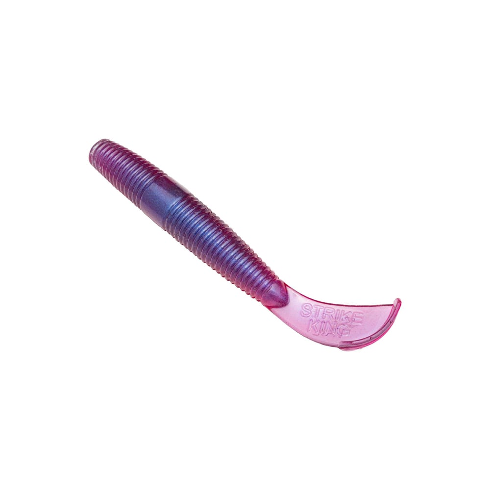 The Strike King Rage Ned Cut R Worm is a purple and pink soft plastic bait with a ribbed body and curved tail. The "Strike King" text is embossed on the tail, adding detail to its eye-catching design, elegantly showcased against a plain white background.