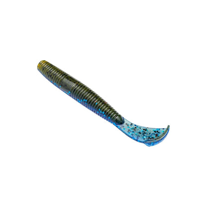 The Strike King Rage Ned Cut R Worm fishing lure features a segmented green body with black speckles and a curled translucent blue glitter tail, set against a plain white background.