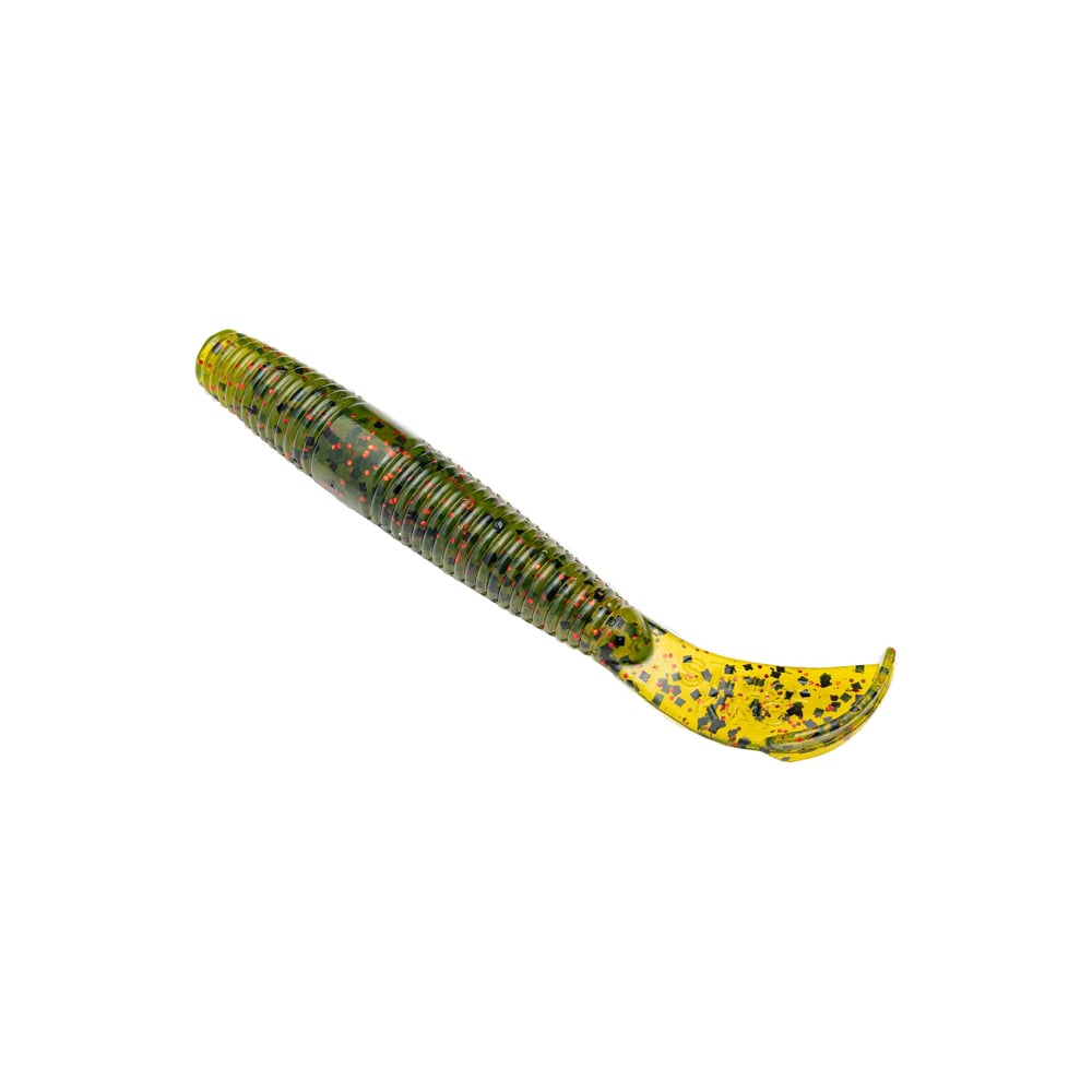 The Strike King Rage Ned Cut R Worm by Strike King, in green and yellow, features a ribbed body and curly tail with black and red speckles. It's displayed against a plain white backdrop.