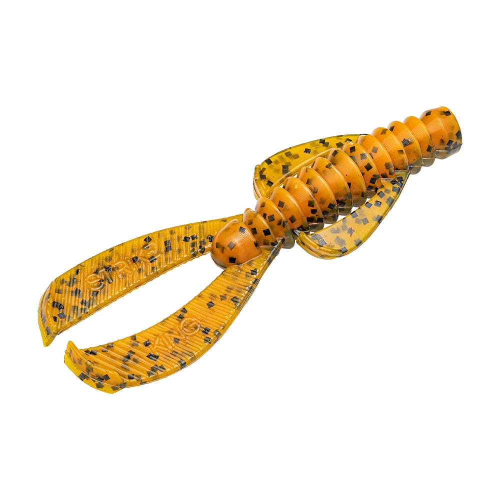 The Strike King Rage Ned Bug, featuring a yellow and black speckled design with a ribbed body and twin curly tails, mimics a crayfish or insect. Part of the Rage Tail series, it attractively lures fish with lifelike movement.