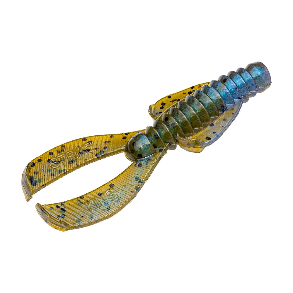 Introducing the Strike King Rage Ned Bug, a soft plastic bait by Strike King designed to resemble a crawfish. Featuring a ribbed body, two prominent claws, and a gradient of blue and yellow with black speckles, it's perfect for any fishing adventure.