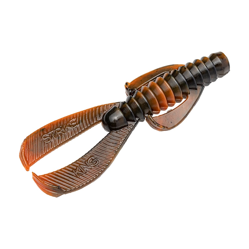 The Strike King Rage Ned Bug, a brown and black soft plastic bait, features a ribbed body with two claw-like extensions, designed to mimic crawfish using the Rage Tail action.