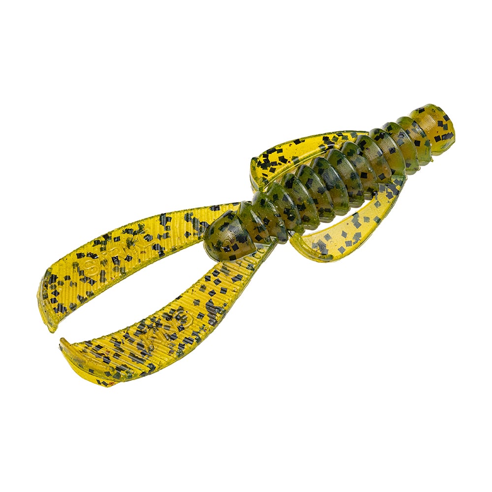 The Strike King Rage Ned Bug boasts a vibrant green and yellow textured body with two long, curved appendages, highlighted by dark speckles.