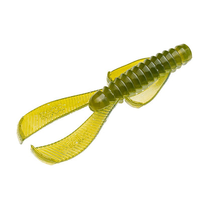 The Strike King Rage Ned Bug, part of the famous Rage Tail series, is a translucent green soft plastic bait with a segmented body and two long curved appendages resembling claws.