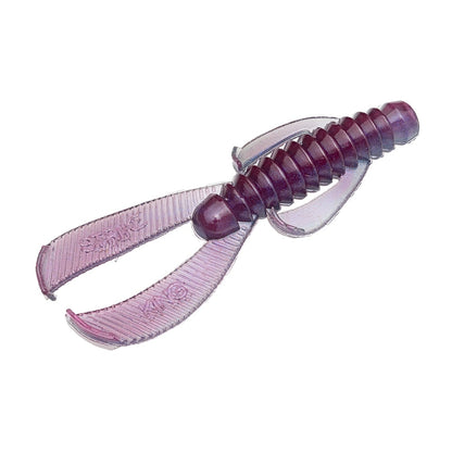 The Strike King Rage Ned Bug, a soft plastic bait in purple, has ribbed bodies and two curved flat appendages resembling claws. It imitates crawfish or insects, enhancing fish appeal.