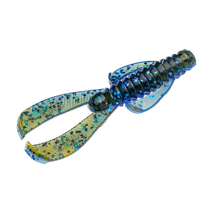 The Strike King Rage Ned Bug, in blue and green speckle, mimics a crawfish with its two large pincers and segmented body. Designed as a soft plastic bait by Strike King, it's perfect for catching attention beneath the water's surface.