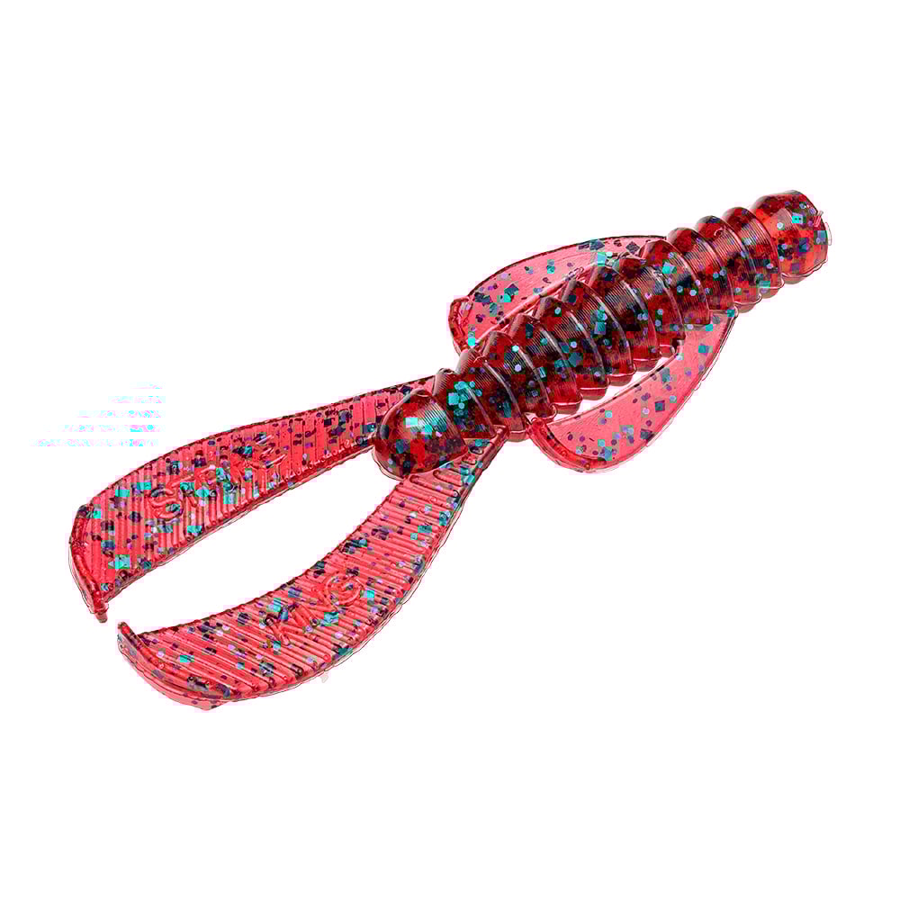The Strike King Rage Ned Bug, a red and blue speckled soft plastic lure shaped like a crawfish, features a ribbed body and two textured claws for enticing underwater action.