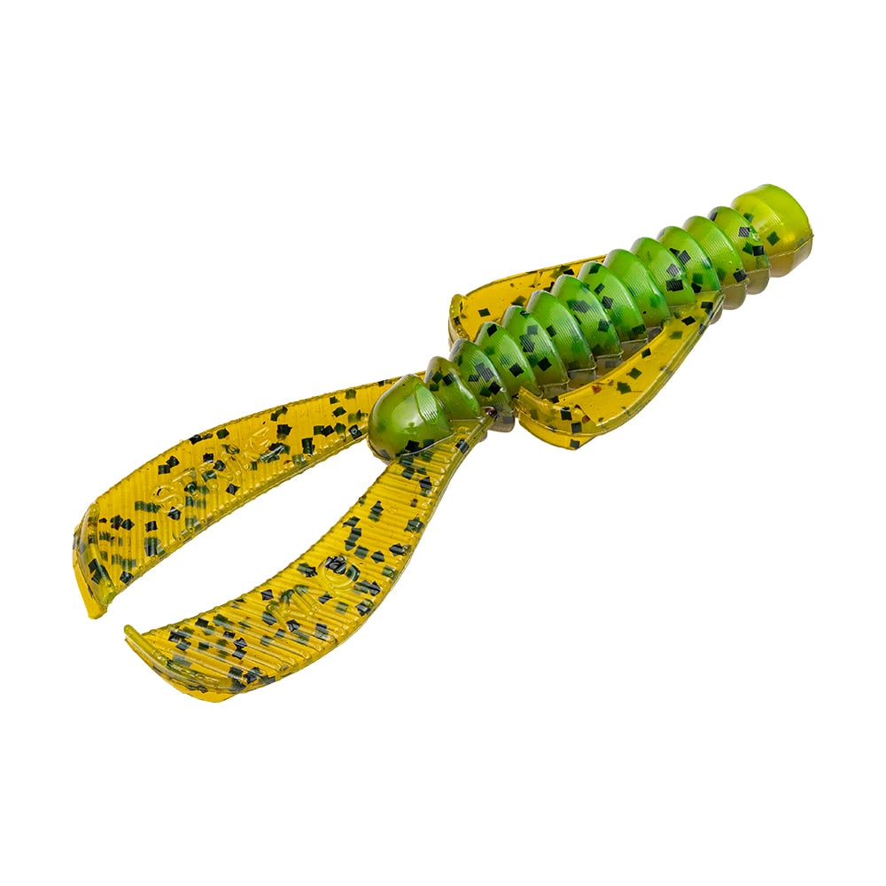 The green and yellow Strike King Rage Ned Bug fishing lure features two flexible flippers and black speckles, showcased on a white background.