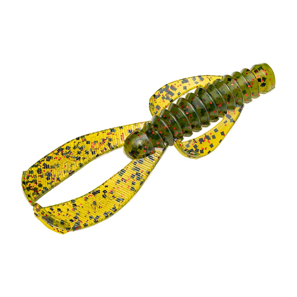 The Strike King Rage Ned Bug is a green and yellow fishing lure with red and black speckles, featuring a segmented body and flared ribbon-like tails. Its innovative Rage Tail design delivers unmatched action.