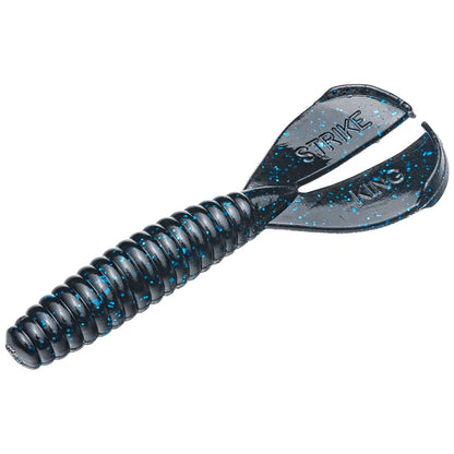 A ribbed, black plastic fishing lure with twin paddle tails and blue speckles, ideal as a jig trailer. "STRIKE" and "KING" are embossed on the tails, making it a top pick for anglers seeking effective bass baits like the Strike King Rage Tail Menace Grub.