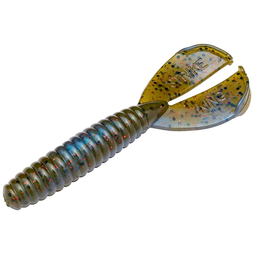 Introducing the Strike King Rage Tail Menace Grub, a soft plastic lure with twin tails and red speckles on green and blue, featuring ribbed texture and curved ends for lifelike movement, making it an excellent choice for bass fishing.