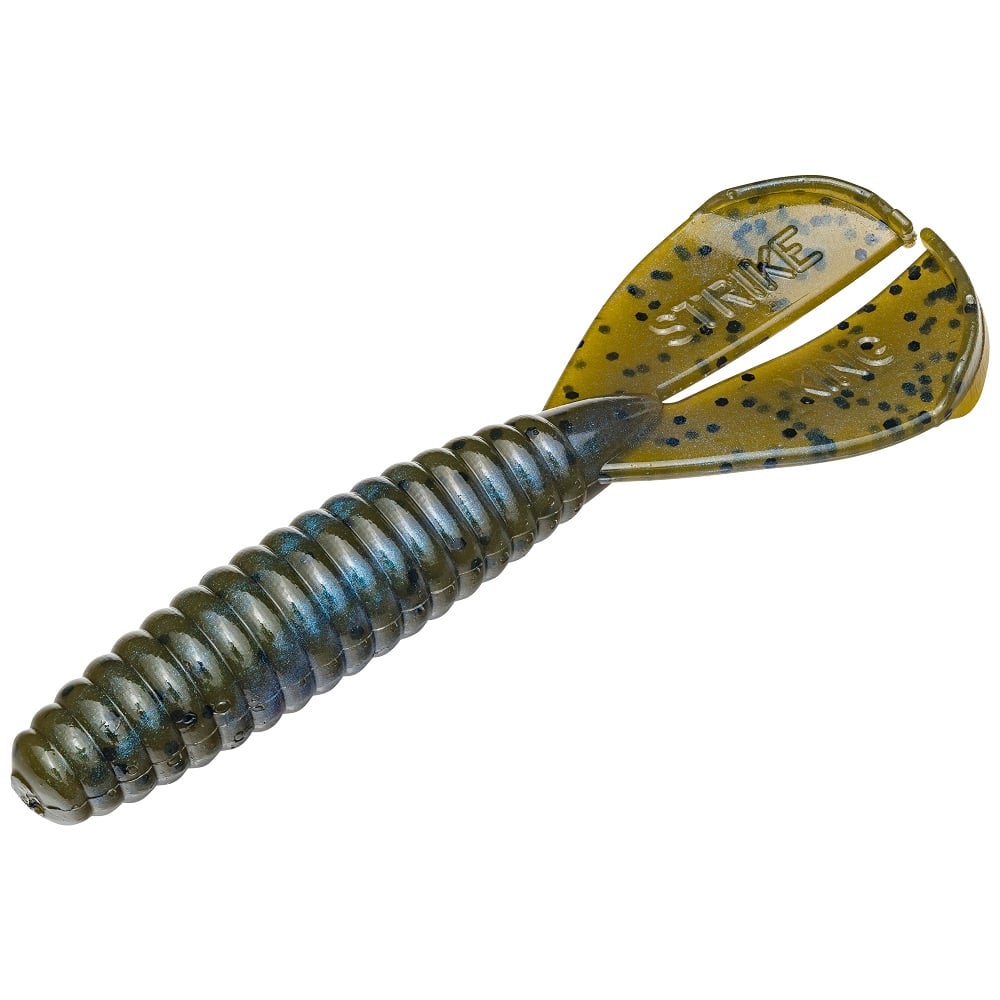 The Strike King Rage Tail Menace Grub is a standout bass bait. This ribbed, green soft plastic grub features two paddle-like tails with "STRIKE" imprinted and small blue-black spots, making it irresistibly enticing to fish.