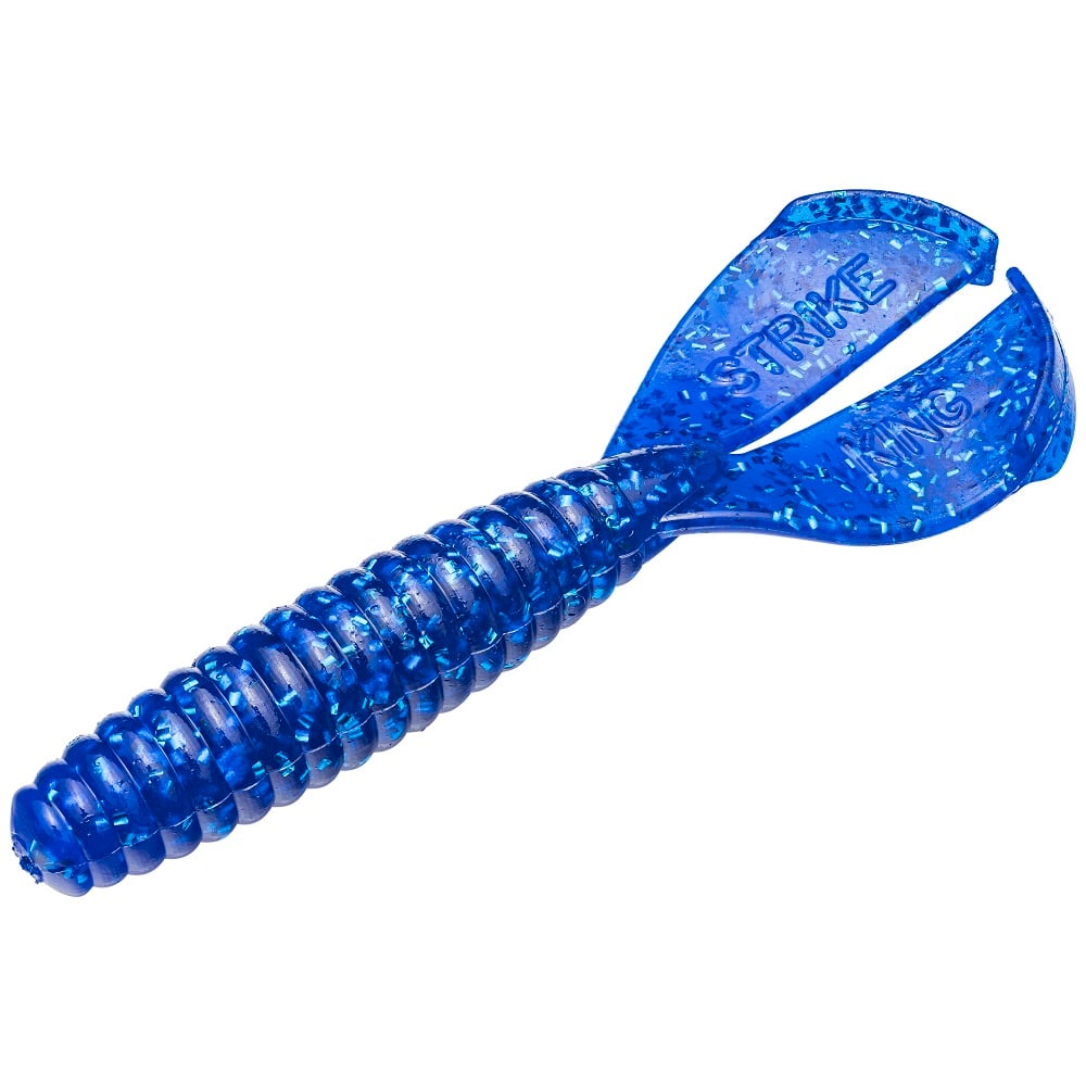 The Strike King Rage Tail Menace Grub is a blue plastic fishing lure with a ribbed body and fin-like appendages embossed with "Strike King," making it perfect for bass bait.