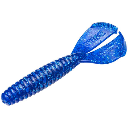 The Strike King Rage Tail Menace Grub is a blue plastic fishing lure with a ribbed body and fin-like appendages embossed with "Strike King," making it perfect for bass bait.