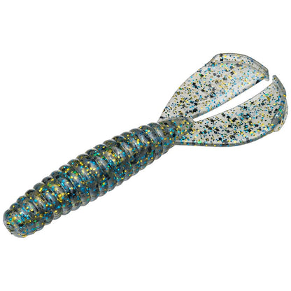 The Strike King Rage Tail Menace Grub by Strike King is a top-tier soft plastic lure with a ribbed body and twin tails, ideal for bass fishing or as a jig trailer, and its translucent design sparkles with blue and gold glitter.