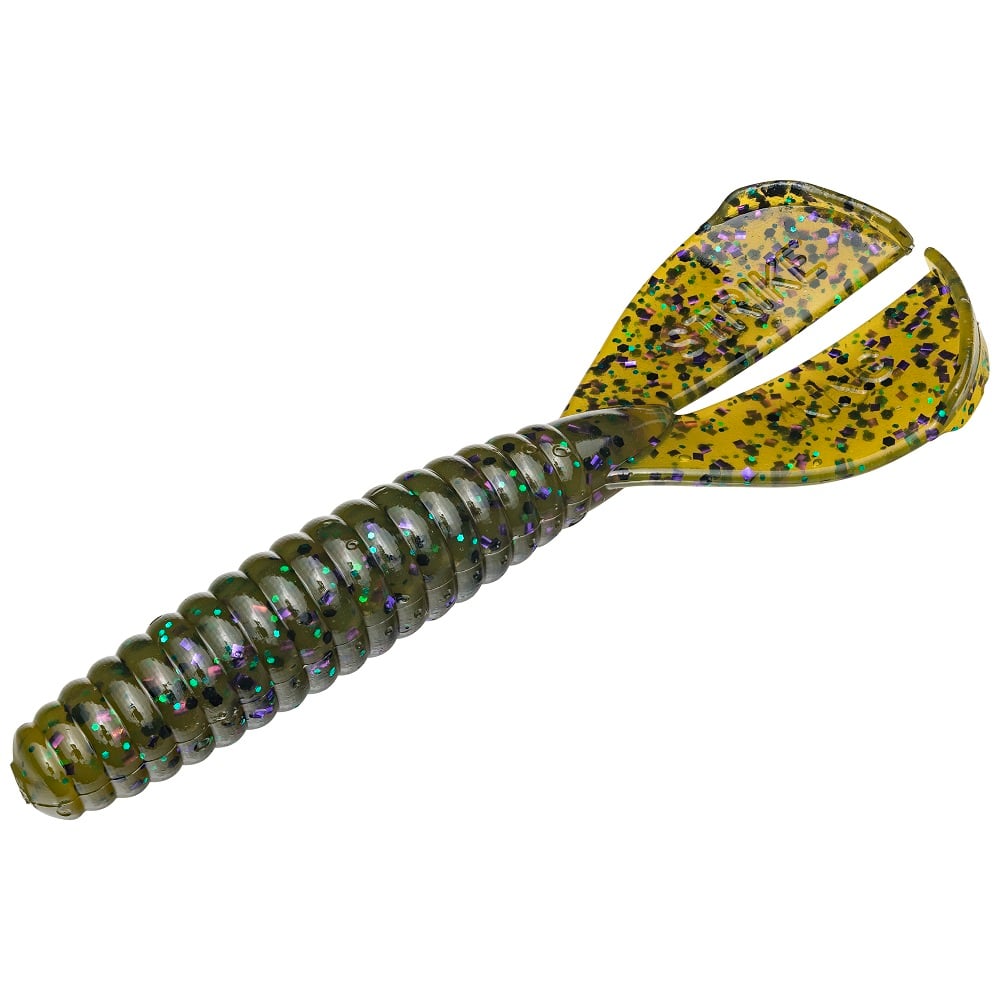 The Strike King Rage Tail Menace Grub is a soft plastic bass bait with a ribbed green body and two yellow, paddle-shaped tails speckled with black and blue glitter.
