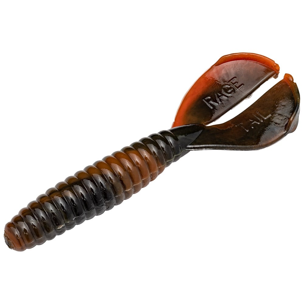The Strike King Rage Tail Menace Grub is a fishing lure with a ribbed, tapered body in brown and black, featuring two flared, paddle-like appendages at one end with text markings. It resembles a small baitfish or creature.