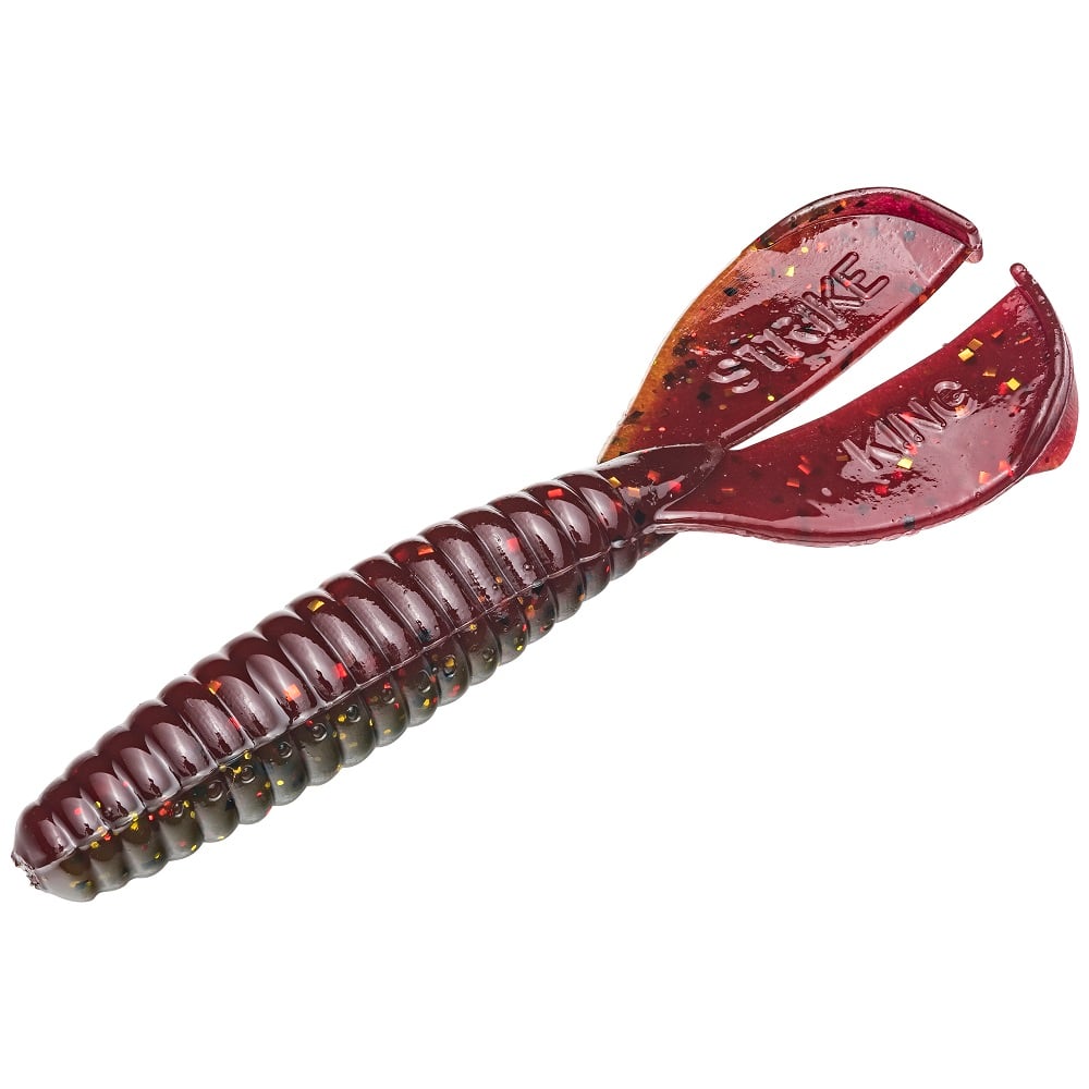 The Strike King Rage Tail Menace Grub is a red and black ribbed fishing lure with paddle-like tails, translucent speckled design, and embossed text, making it ideal for bass fishing.