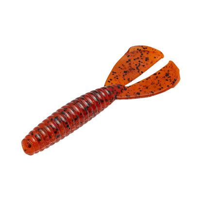 This bass bait is a red soft plastic double-tail grub with a ribbed body, flapping tails, and black speckles throughout. It's similar to the Strike King Rage Tail Menace Grub.